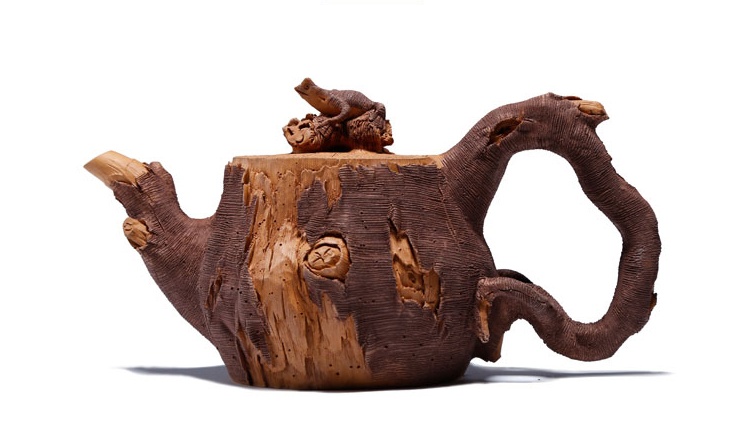 仿木外皮紫砂壺，創(chuàng)意木樁手工雕刻紫砂壺